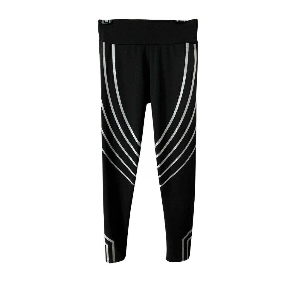 Black High Rise Athletic Legging Womens L Silver Metallic Curve Enhancing Stripe